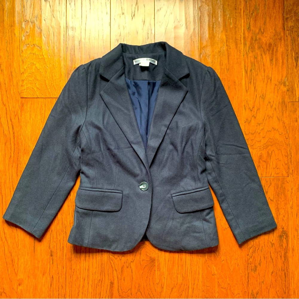 Vintage Necessary Objects Navy Wool Blend Blazer 3/4 Sleeve Puff Shoulder XS - Picture 3 of 9